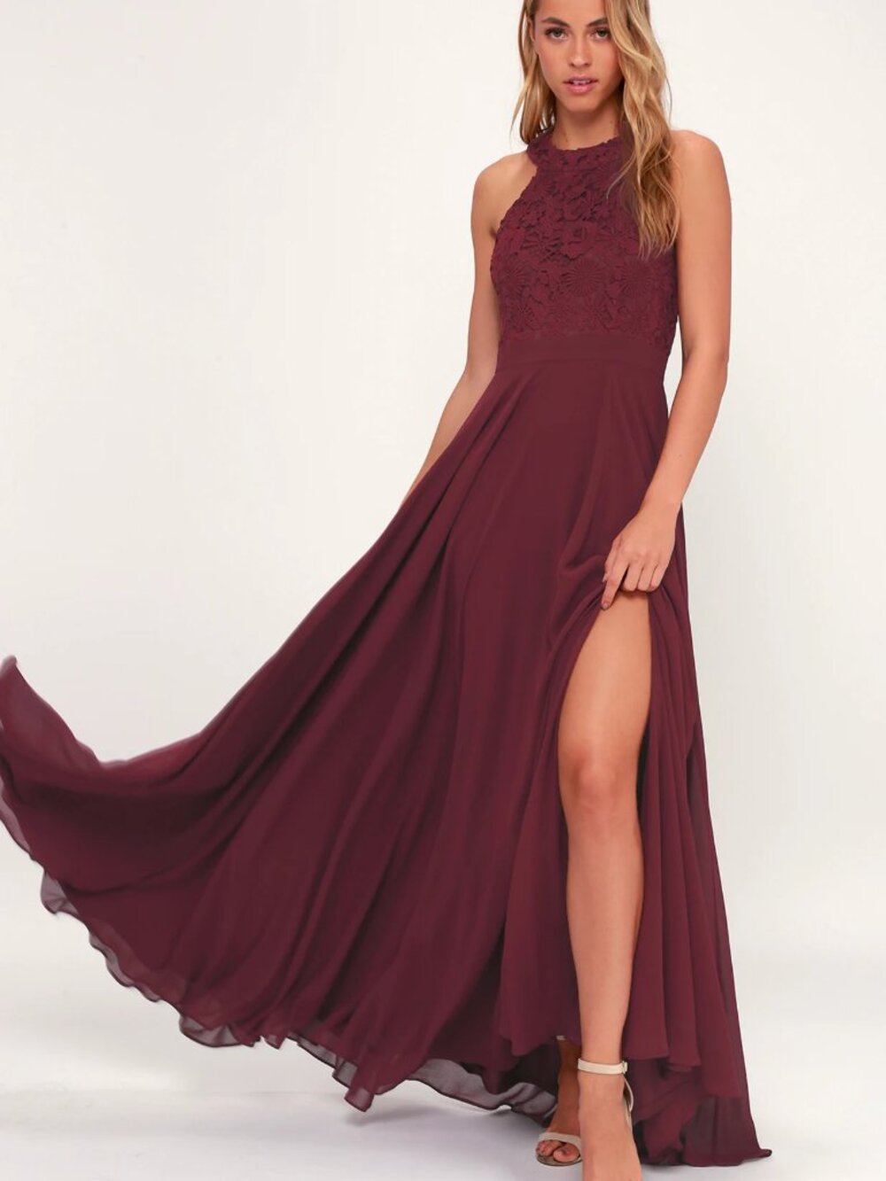 Lulus Picture Perfect Burgundy Lace Maxi Dress